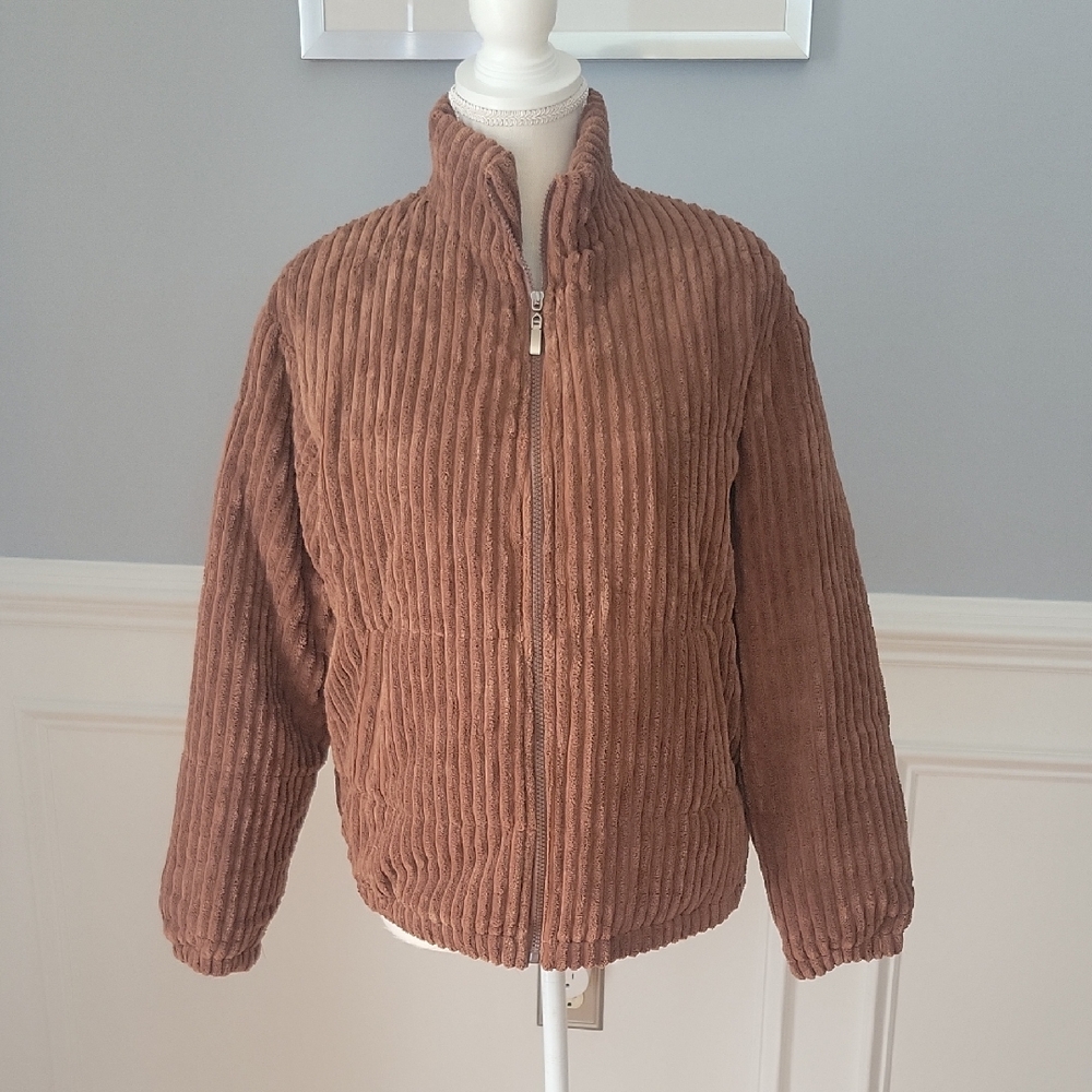 Angashion Chocolate Brown Corduroy Bomber Jacket Womens Size Small